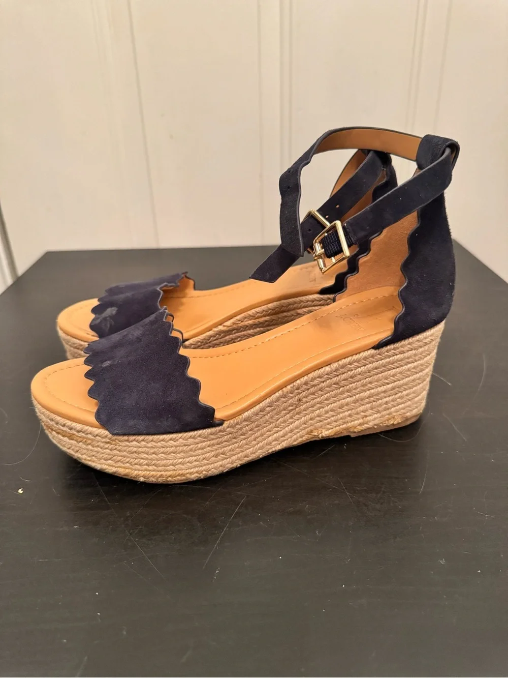 J. by J Crew Platform Suede Scalloped Flatform Espadrilles Wedge Sandal 8 Navy